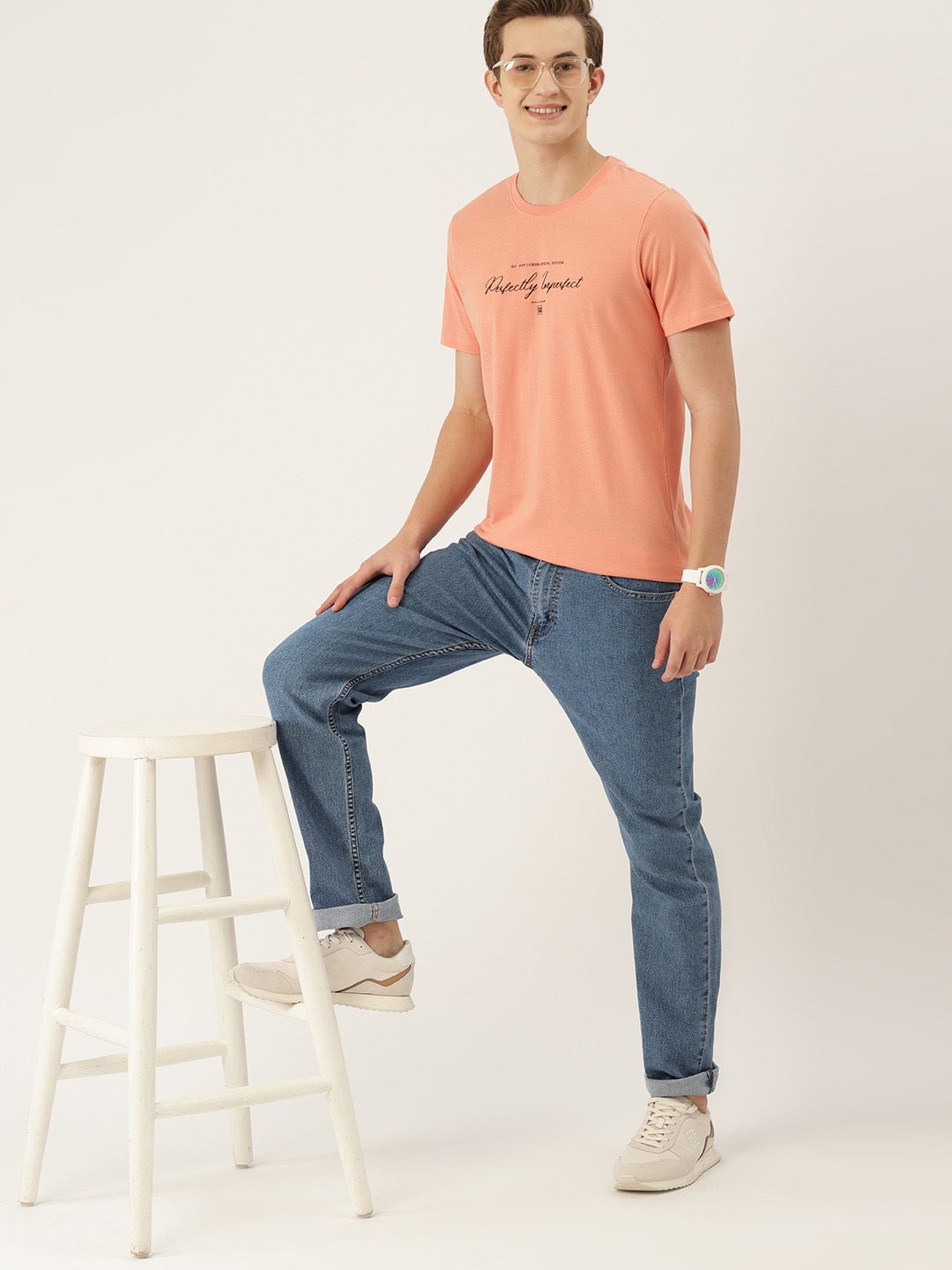 

Mast & Harbour Typography Printed Pure Cotton T-shirt, Peach
