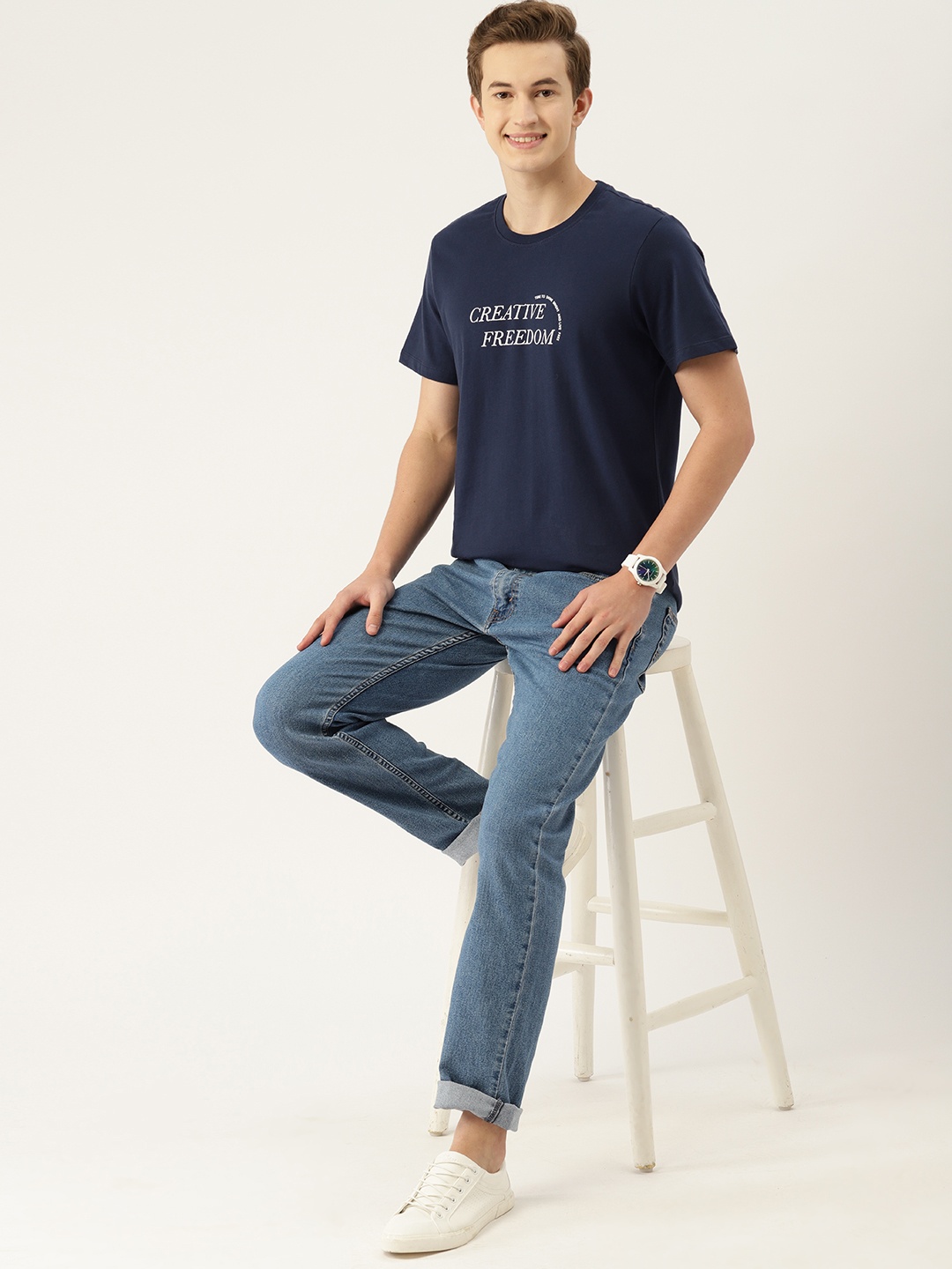 

Mast & Harbour Typography Print Pure Cotton T-shirt, Navy blue