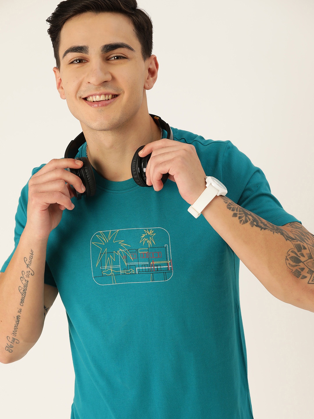 

Mast & Harbour Printed Detail Pure Cotton T-shirt, Teal