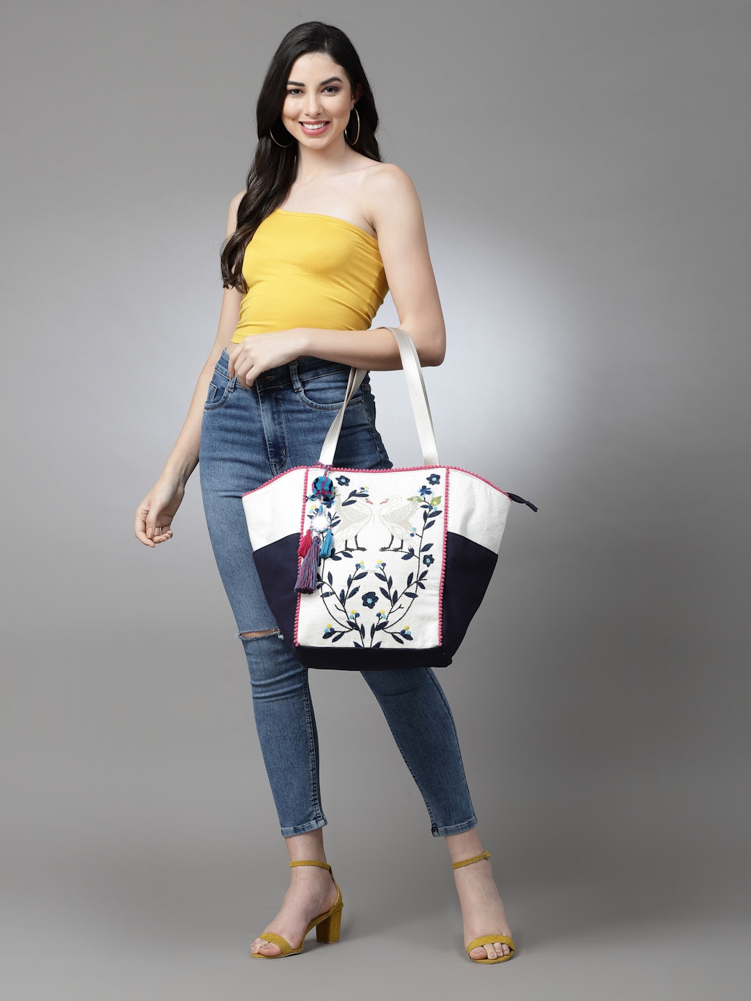 

Anekaant Floral Embroidered Canvas Tote Bag, Navy blue