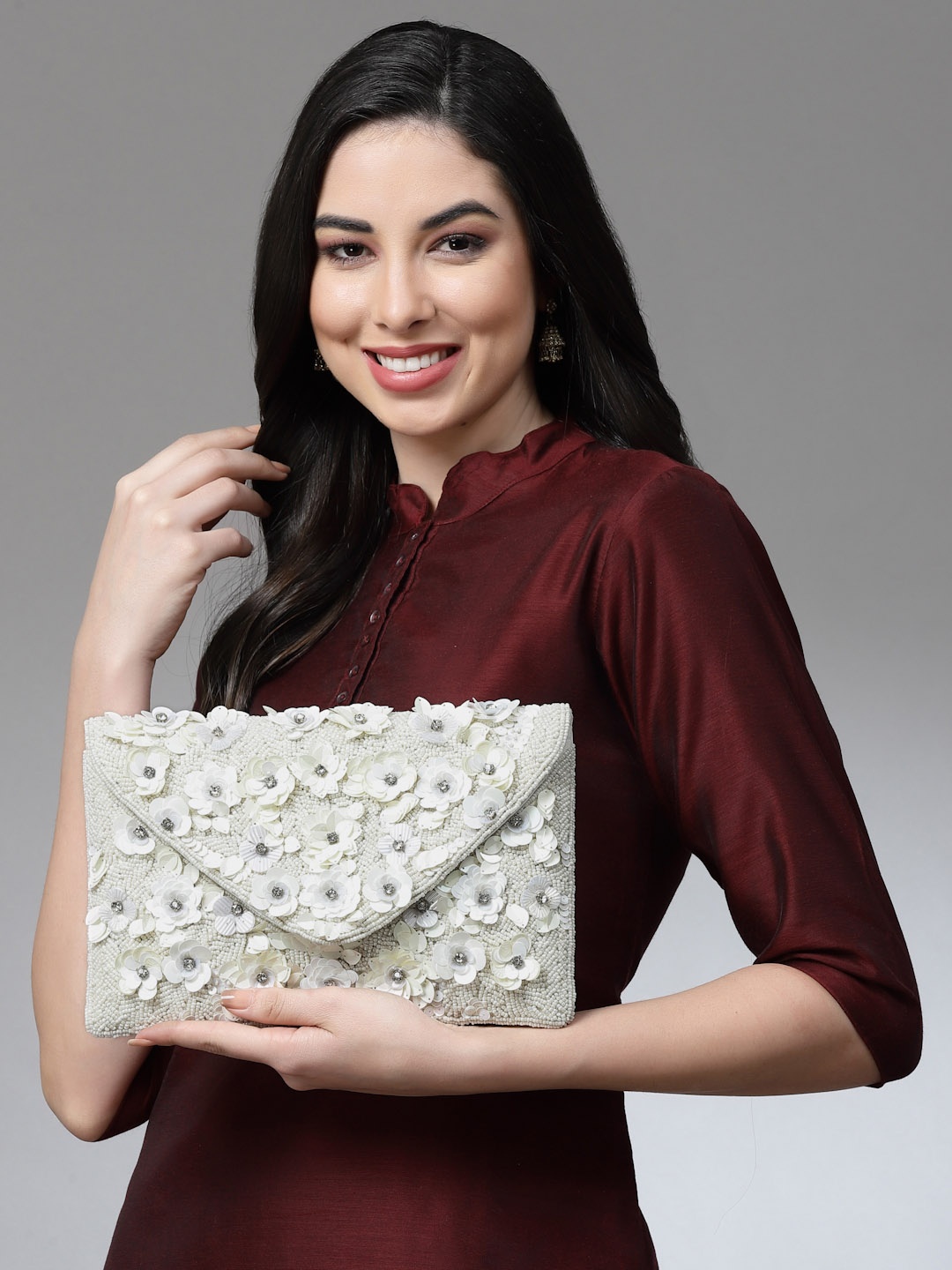 

Anekaant Floral Embellished Structured Sling Bag, Off white