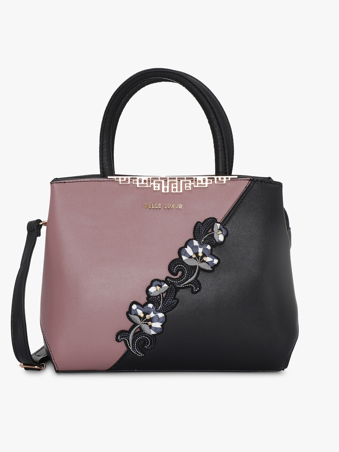 

PELLE LUXUR PU Structured Handheld Bag with Floral Applique, Purple