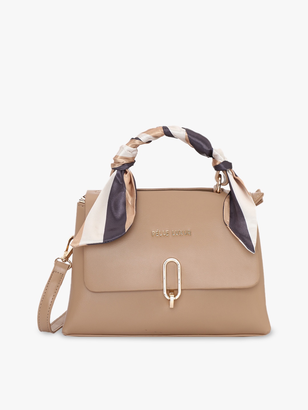 

PELLE LUXUR Textured Structured Satchel Bag With Scarf, Brown