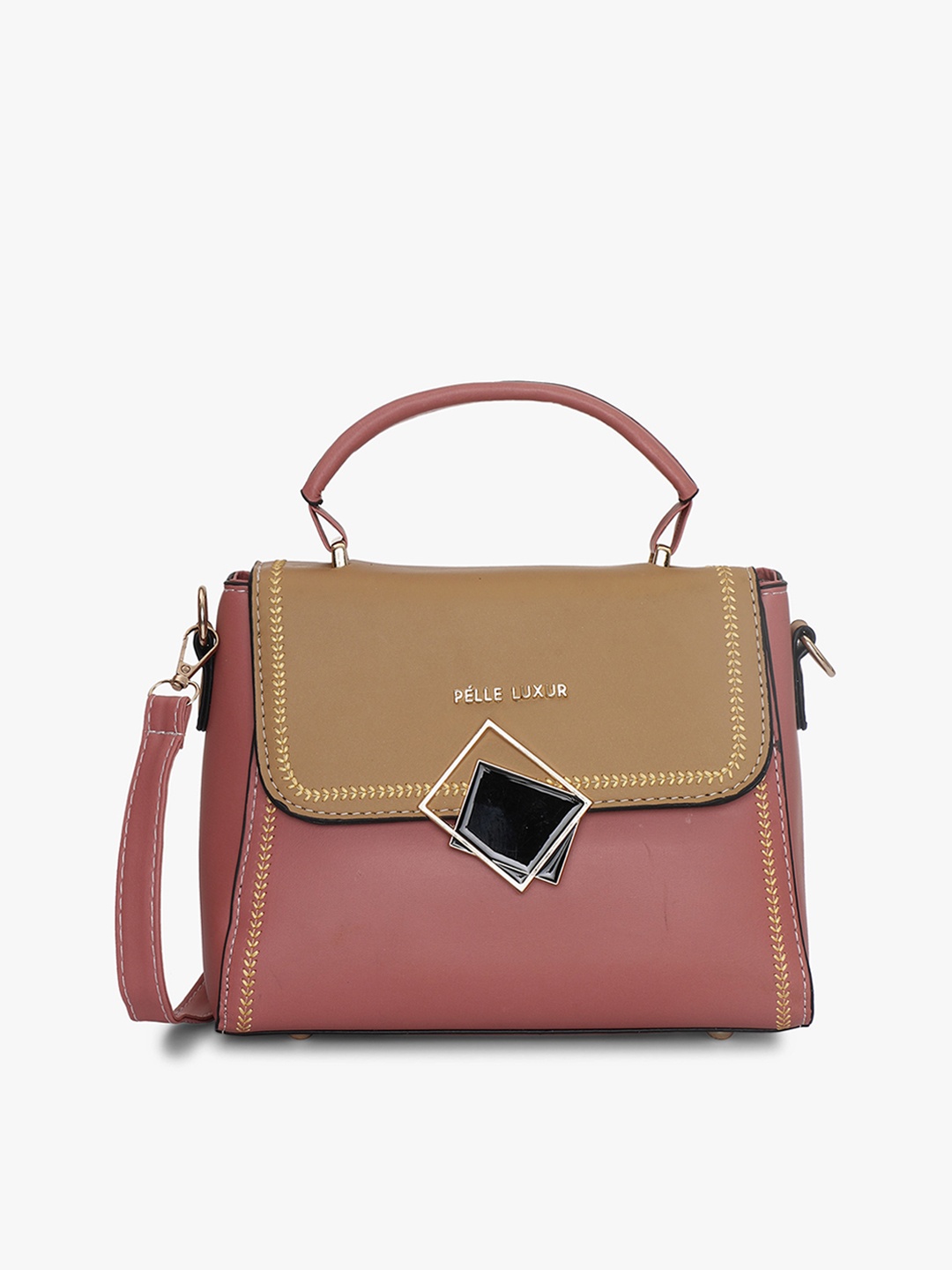 

PELLE LUXUR Colourblocked PU Structured Satchel Bag With Embellished, Pink