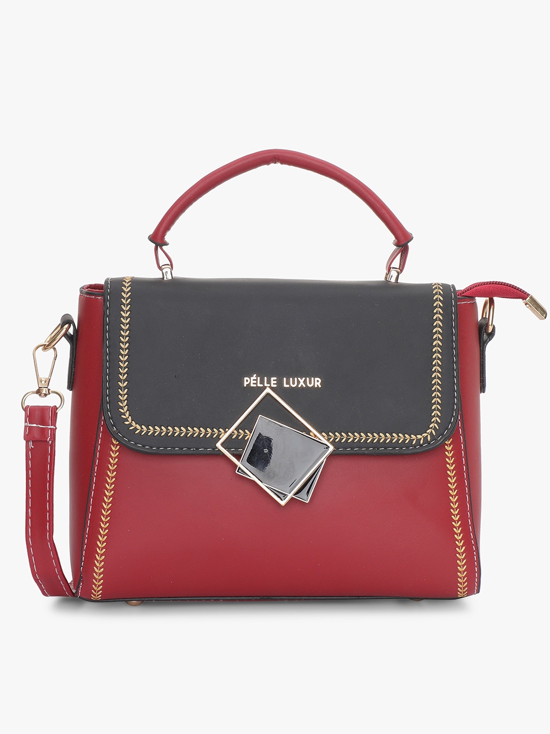 

PELLE LUXUR Colourblocked Structured Satchel Bag, Red