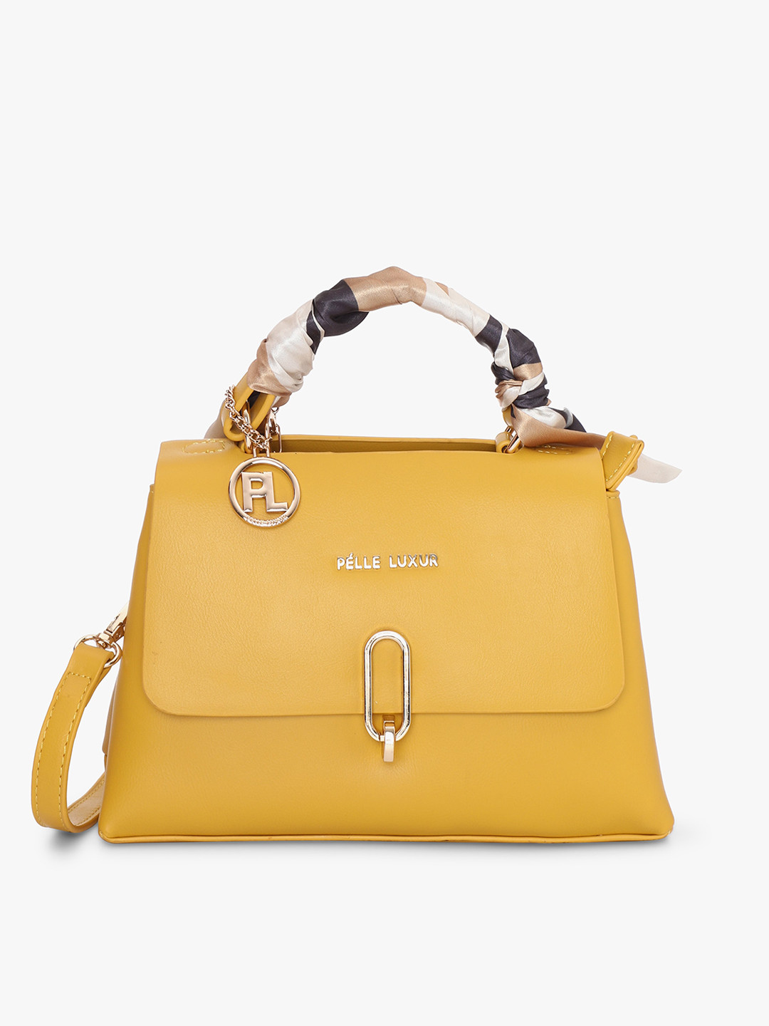 

PELLE LUXUR Structured Satchel Bag With Buckle Detail, Mustard