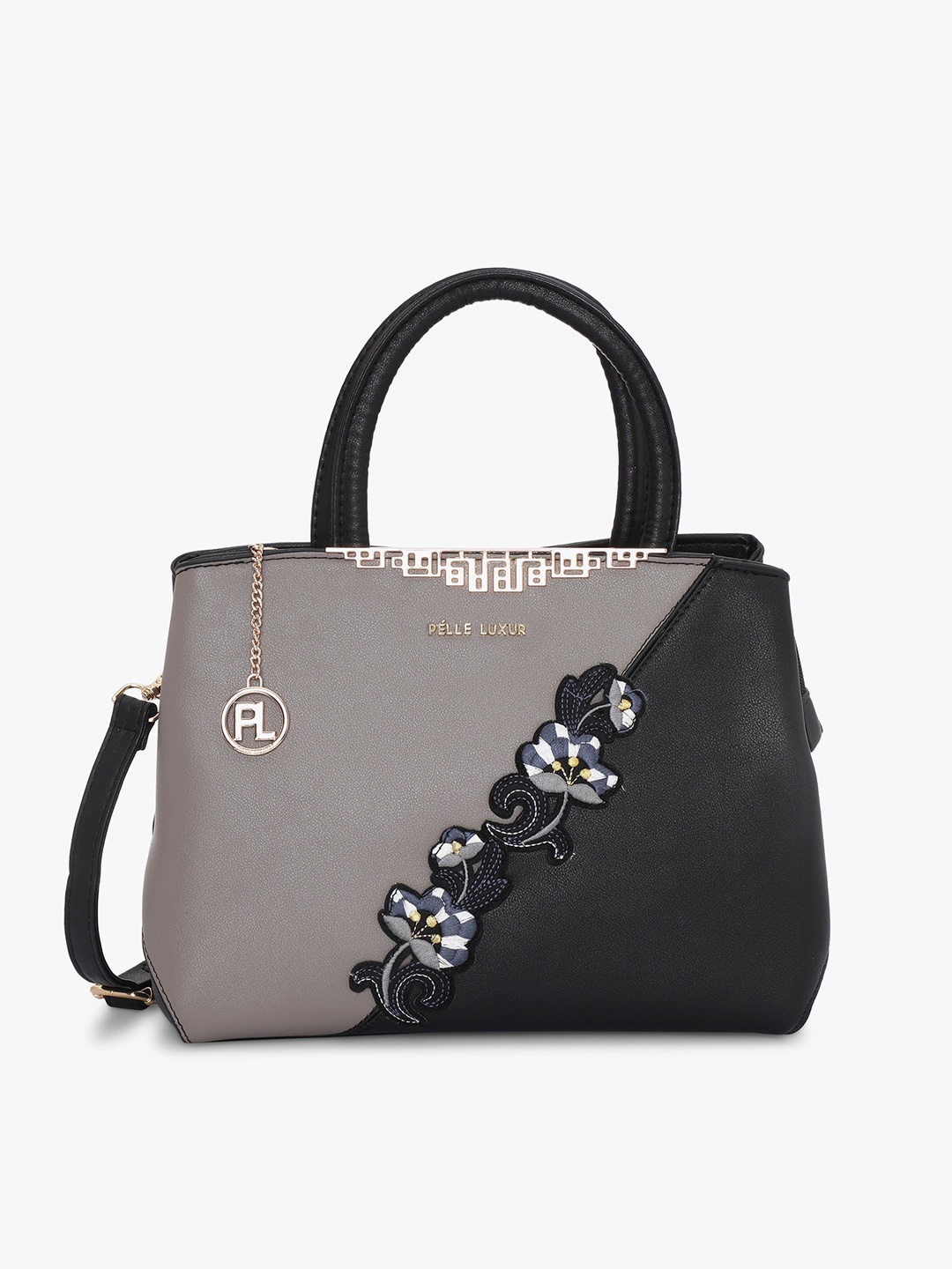 

PELLE LUXUR Colourblocked PU Structured Handheld Bag, Grey