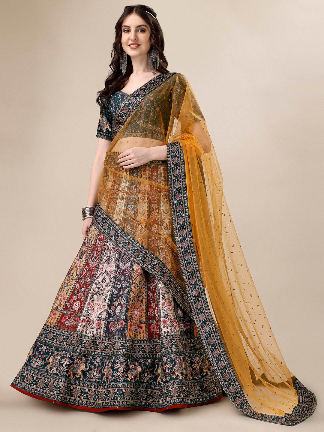 

SAPTRANGI Printed Beads and Stones Ready to Wear Lehenga & Blouse With Dupatta, Yellow