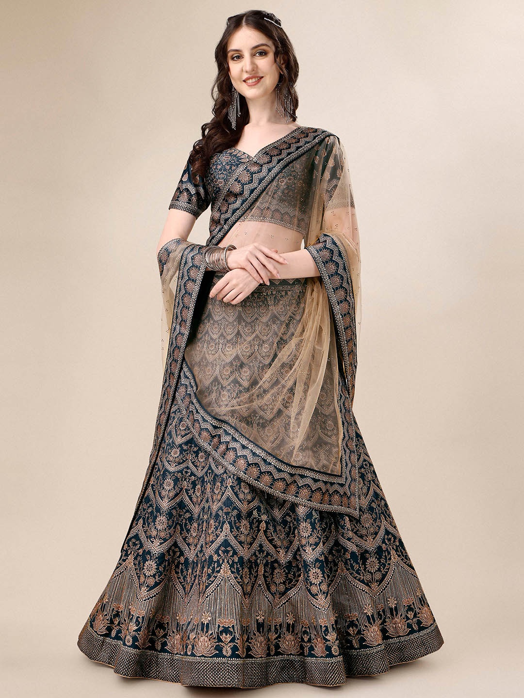 

SAPTRANGI Embellished Zardozi Foil Print Ready to Wear Lehenga & Blouse With, Navy blue