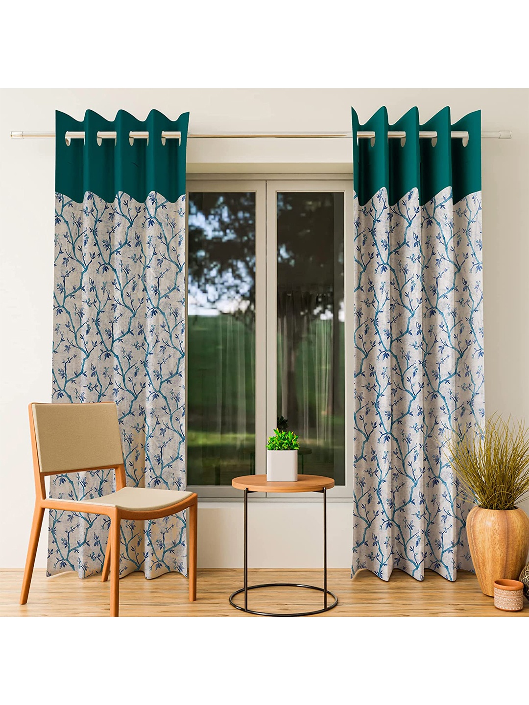 

CURIOUS LIFESTYLE Green & White 2 Pieces Floral Printed Room Darkening Window Curtains