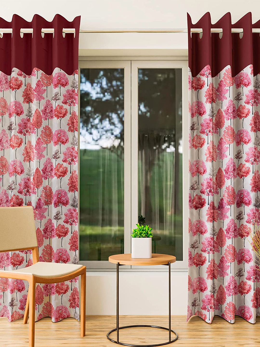 

CURIOUS LIFESTYLE Maroon & White 2 Pieces Floral Printed Room Darkening Door Curtains