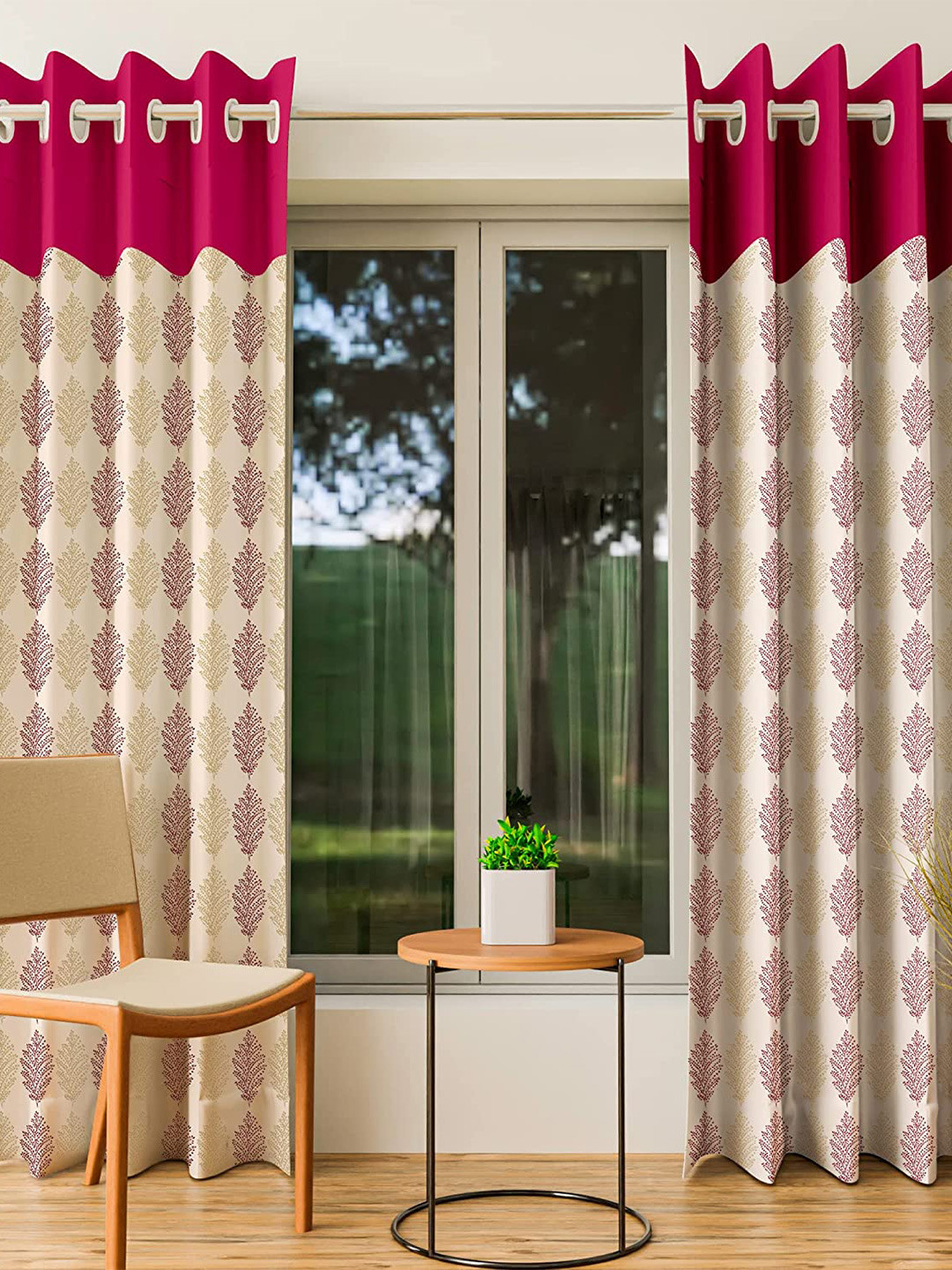 

CURIOUS LIFESTYLE Pink & Off White 2 Pieces Floral Printed Room Darkening Window Curtains