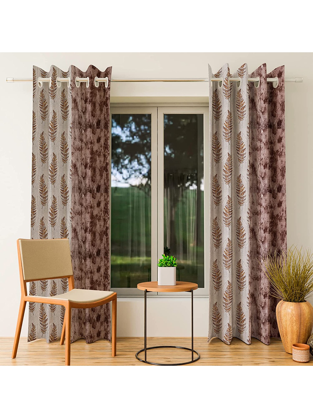 

CURIOUS LIFESTYLE Brown & Yellow 2 Pieces Floral Printed Room Darkening Window Curtains