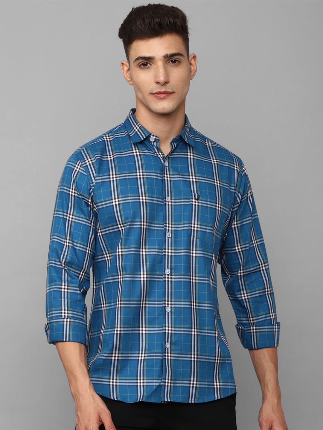 

Allen Solly Men Slim Fit Tartan Checked Pure Cotton Casual Shirt, Blue