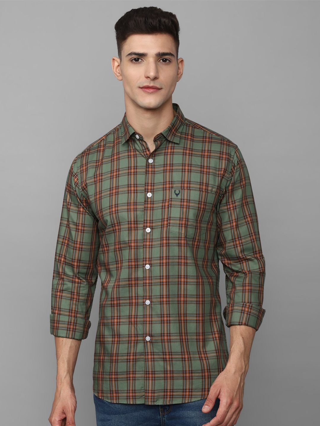 

Allen Solly Men Slim Fit Tartan Checked Pure Cotton Casual Shirt, Olive