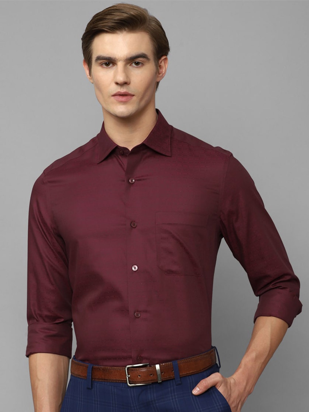 

Louis Philippe Self Design Spread Collar Pure Cotton Slim Fit Formal Shirt, Maroon