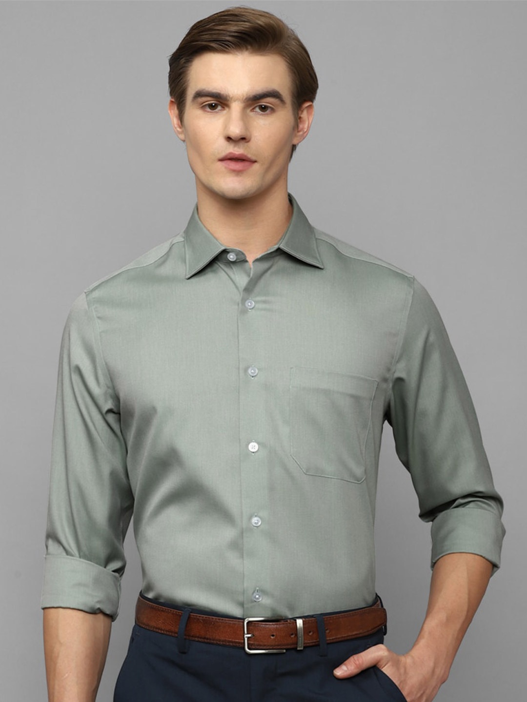

Louis Philippe Spread Collar Pure Cotton Slim Fit Formal Shirt, Olive