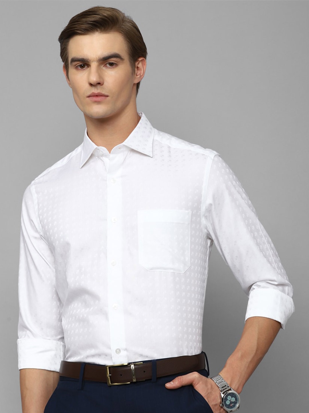 

Louis Philippe Self Design Spread Collar Pure Cotton Slim Fit Formal Shirt, White