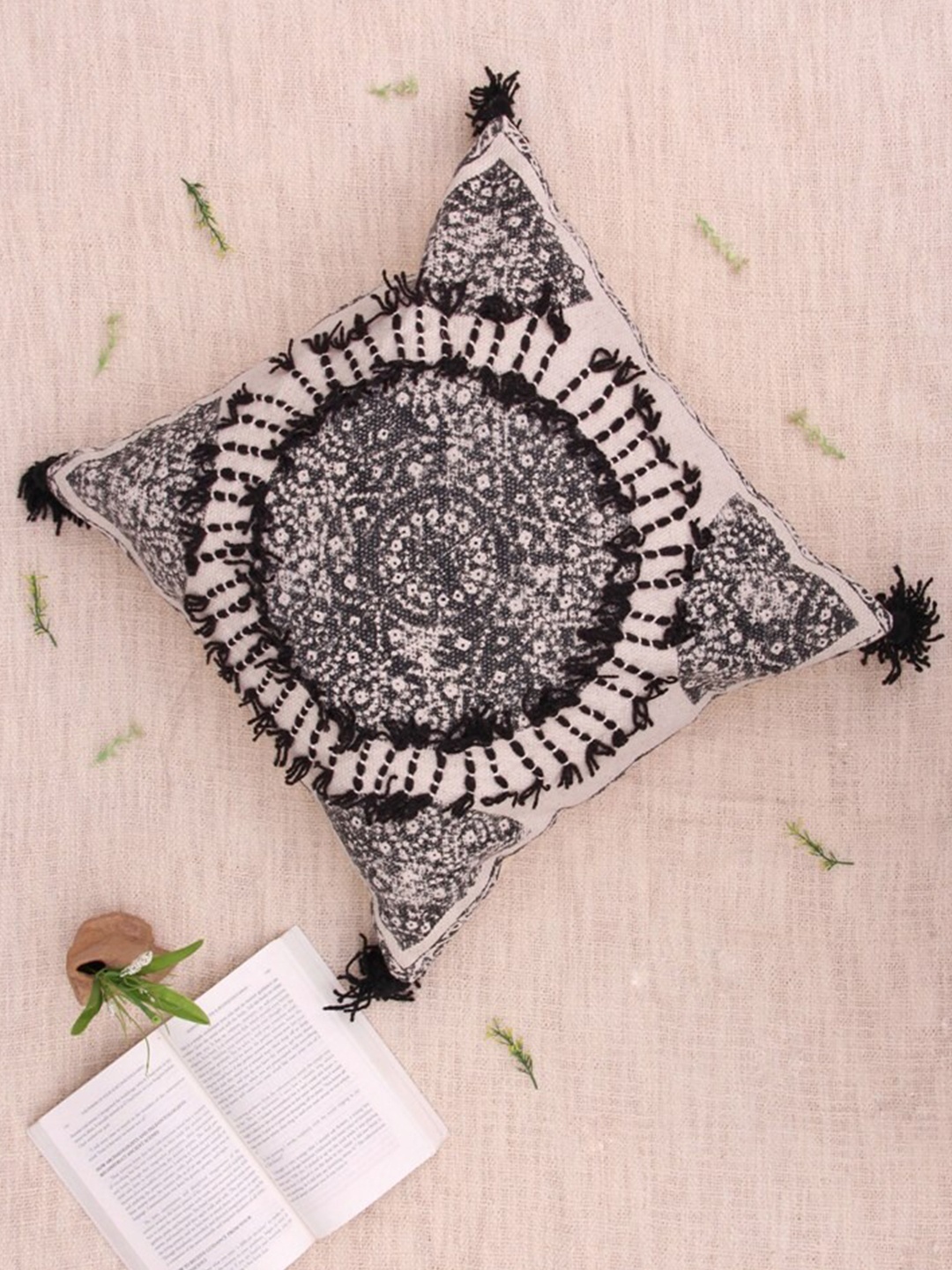 

Art Avenue Door Beige & Black Embroidered Cotton Square Cushion Cover