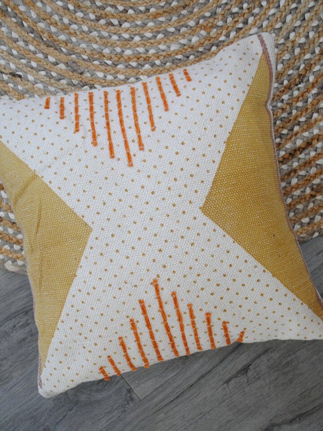 

Art Avenue White & Yellow Embroidered Square Cotton Cushion Cover