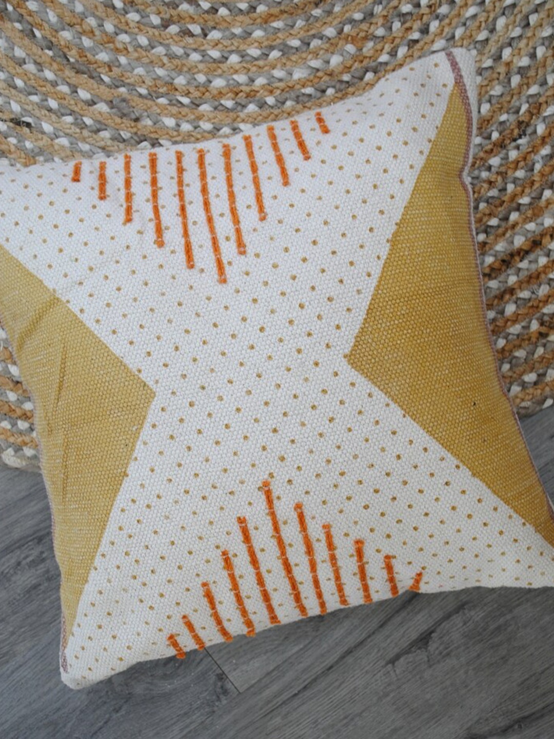 

Art Avenue Flebane White & Orange Geometric Printed Cotton Square Cushion Cover