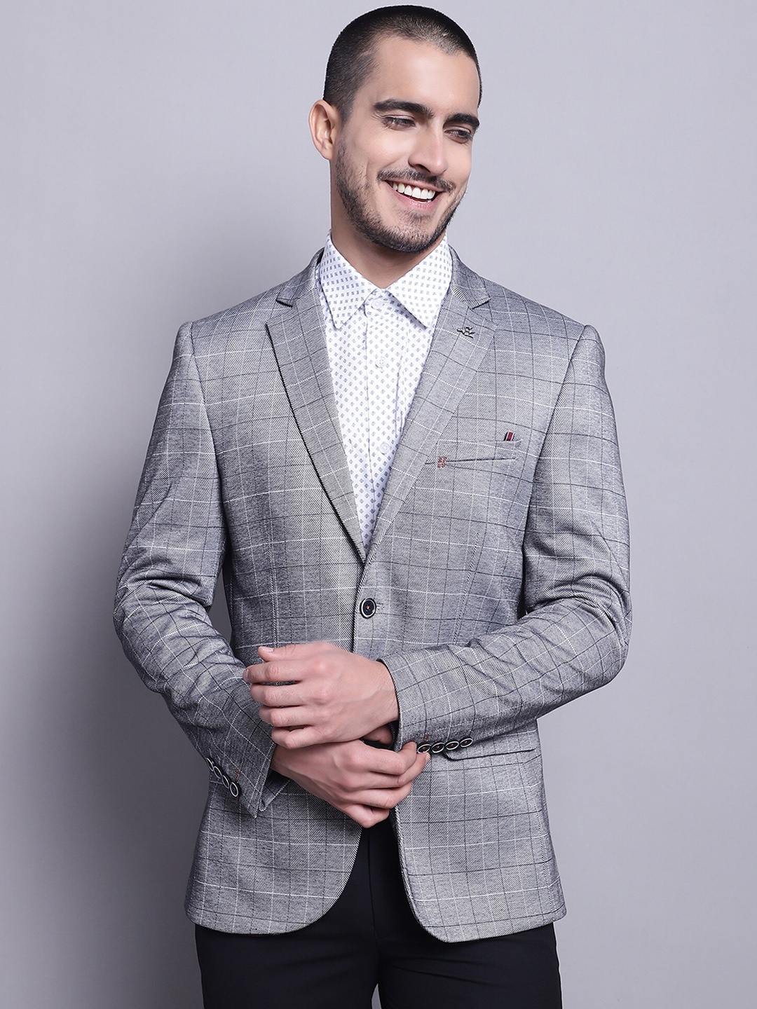 

Cantabil Checked Single Breasted Blazer, Grey