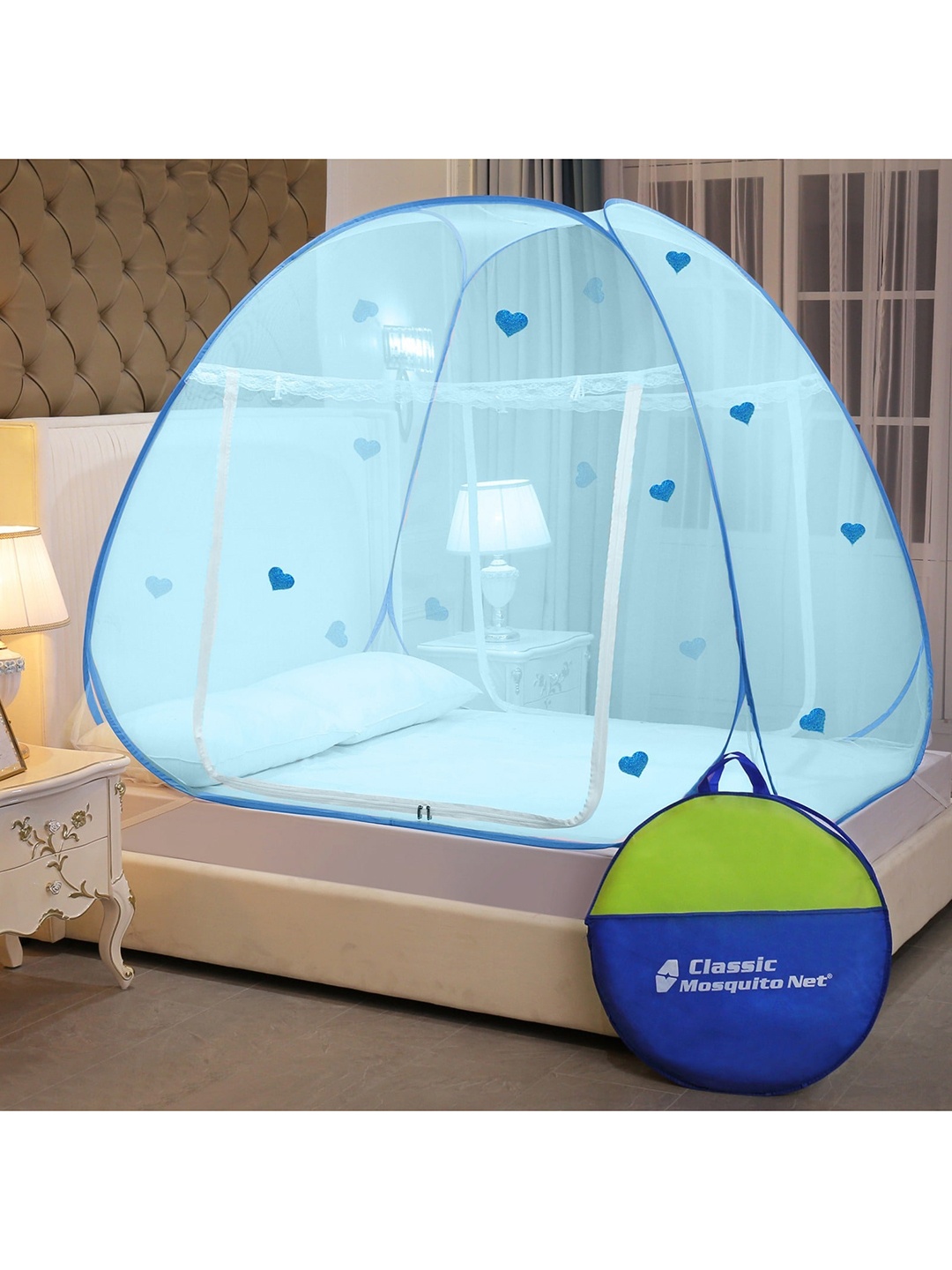 

Classic Mosquito Net Blue Printed Double King Size Mosquito Net With Bag