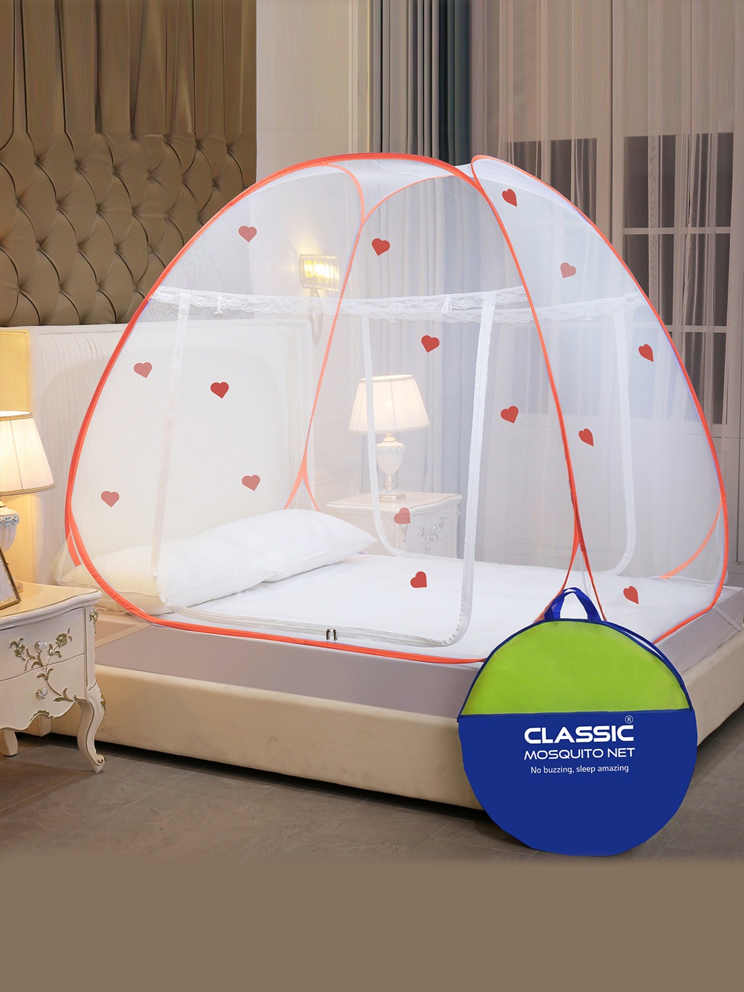 

Classic Mosquito Net White & Orange Printed King Size Double Bed Mosquito Net