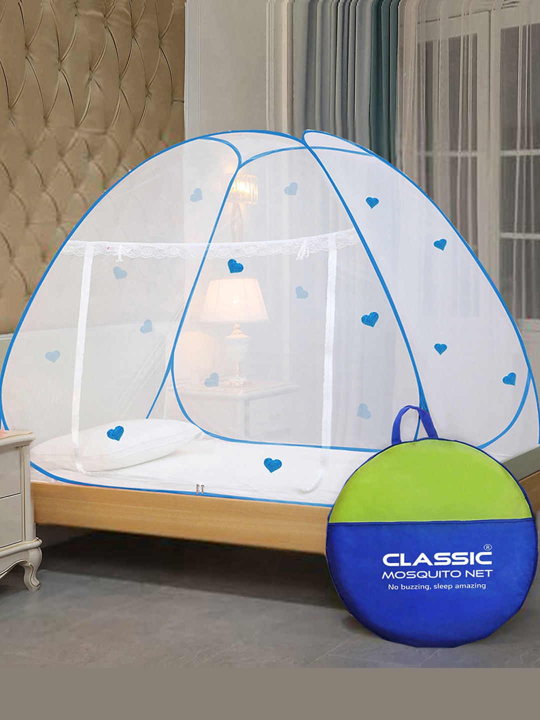 

Classic Mosquito Net White & Blue Printed Single Size Bed Mosquito Net