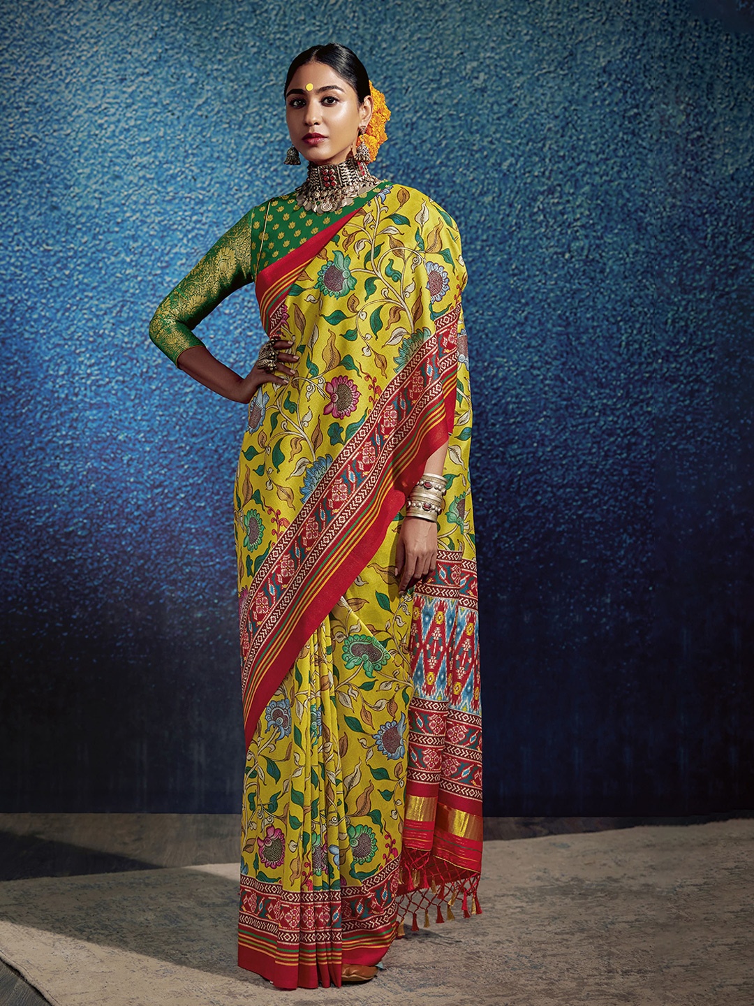 

elora Kalamkari Printed Patola Saree, Yellow