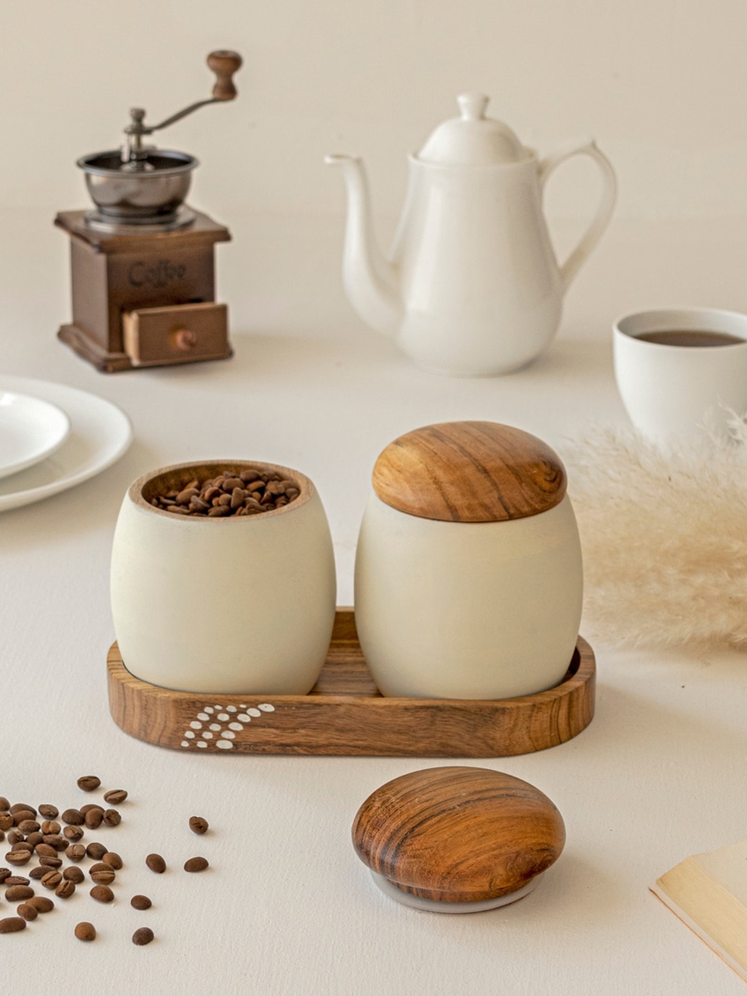 

HOUMN White & Brown Wooden Jars Set With Tray