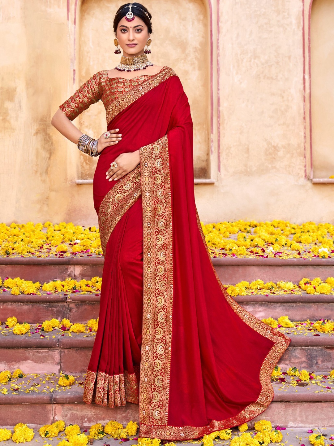 

Mitera Red & Gold-Toned Zari Art Silk Saree