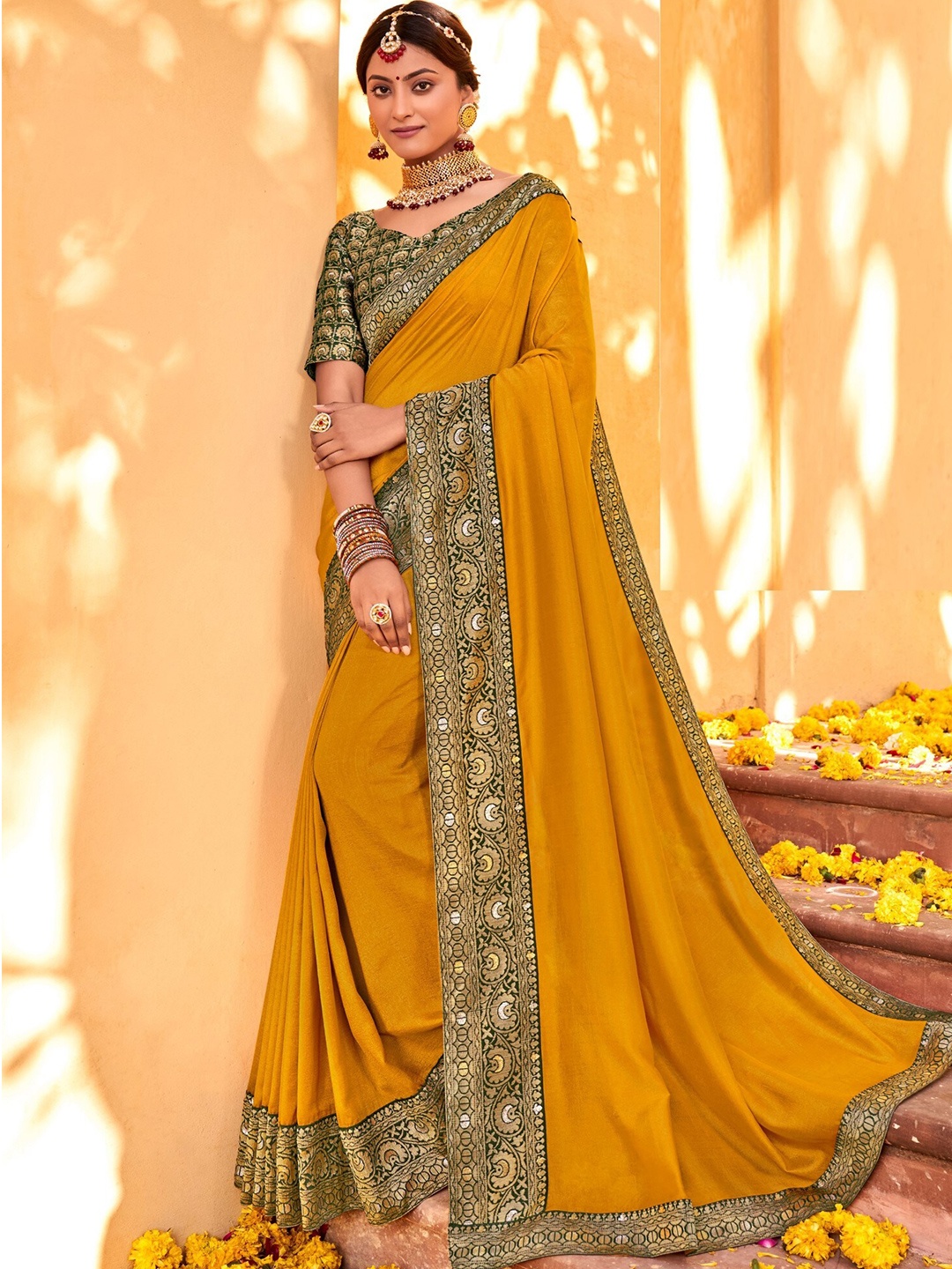 

Mitera Yellow & Green Zari Art Silk Saree