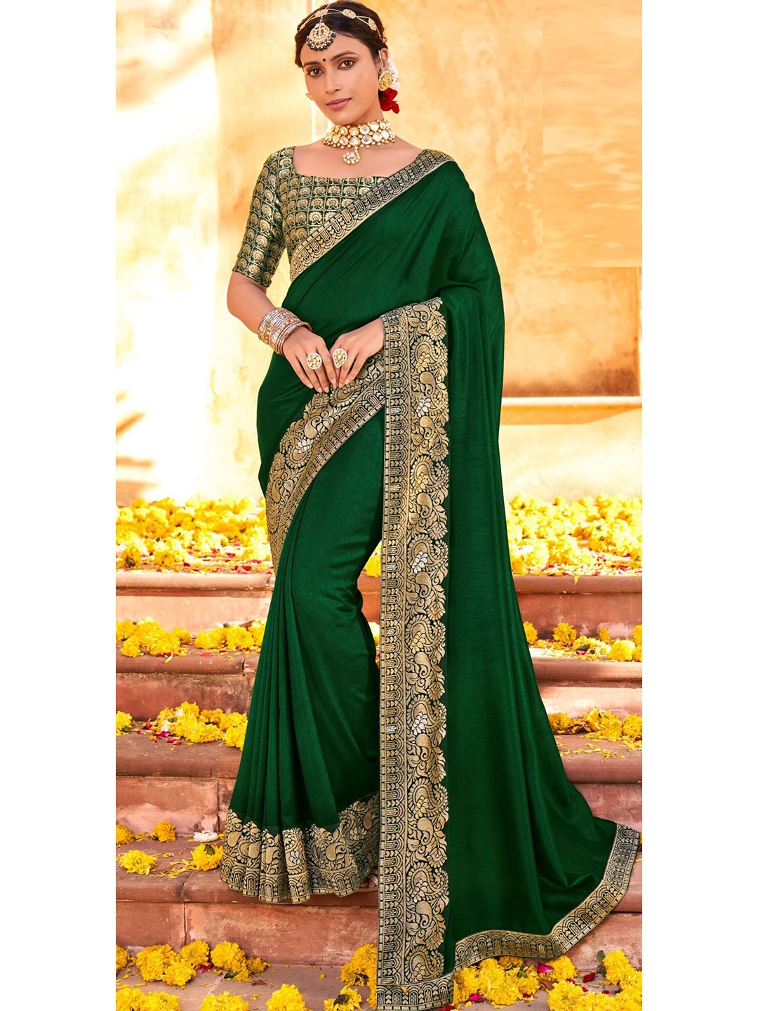 

Mitera Green & Gold-Toned Zari Art Silk Saree