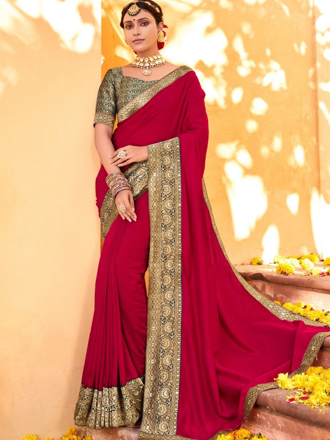 

Mitera Pink & Gold-Toned Zari Art Silk Saree