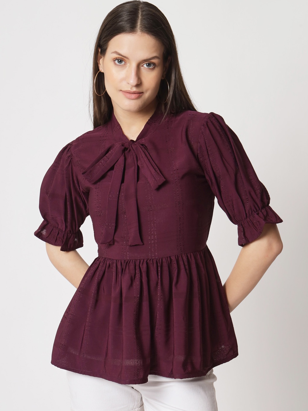 

Atsevam Tie-Up Neck Puff Sleeve Pure Cotton Cinched Waist Top, Purple