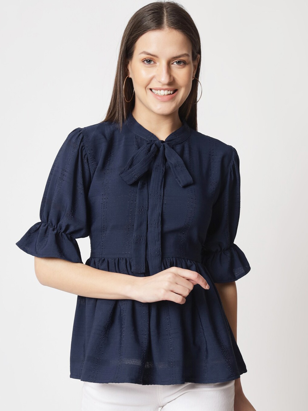 

Atsevam Tie-Up Neck Puff Sleeve Pure Cotton Cinched Waist Top, Blue