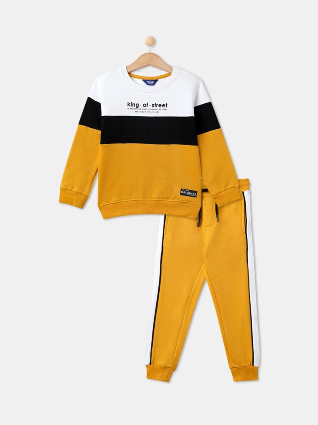 

R&B Boys Colourblocked Pure Cotton T-shirt with Trousers, Yellow