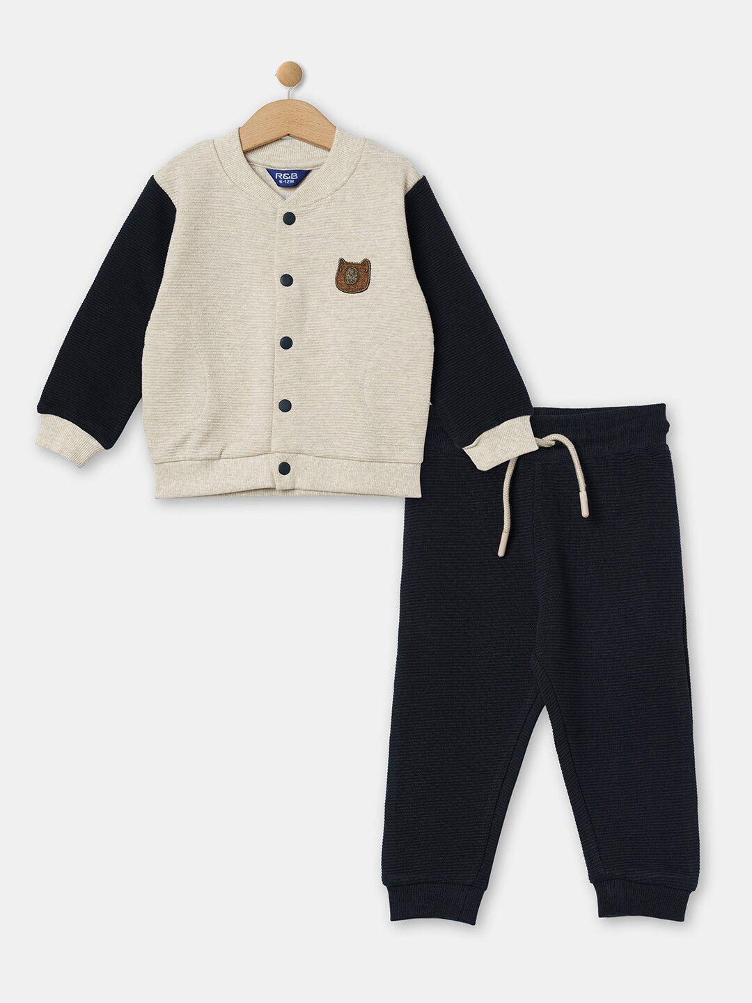 

R&B Boys Colourblocked Pure Cotton T-shirt with Trousers, Beige