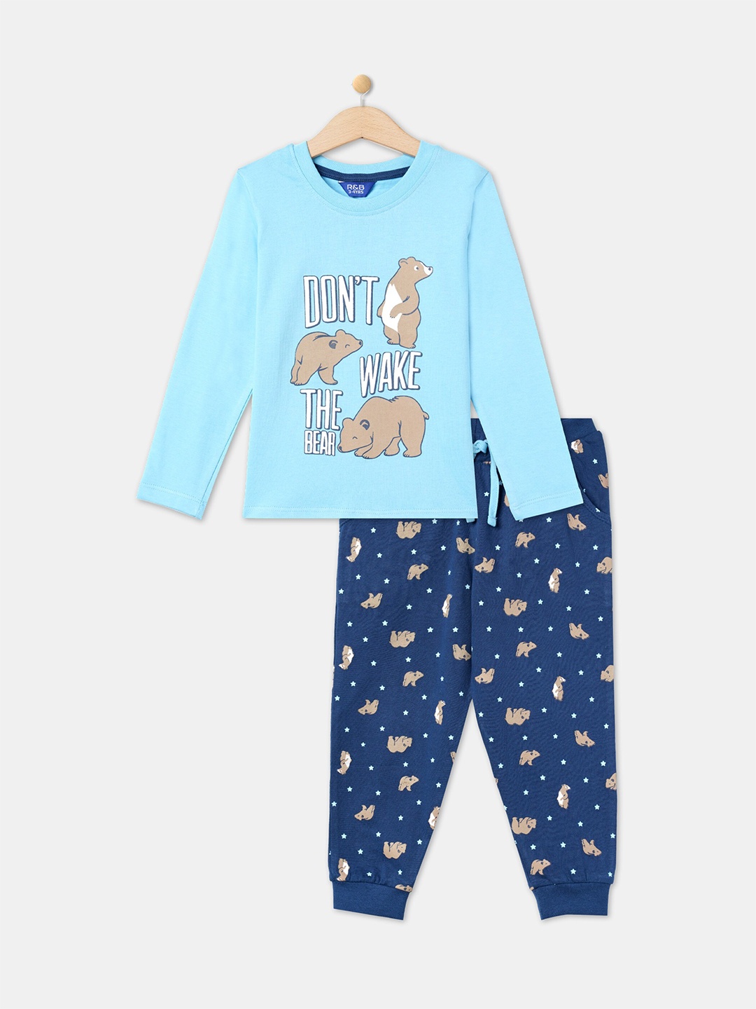 

R&B Boys Printed Pure Cotton T-shirt with Pyjamas, Turquoise blue