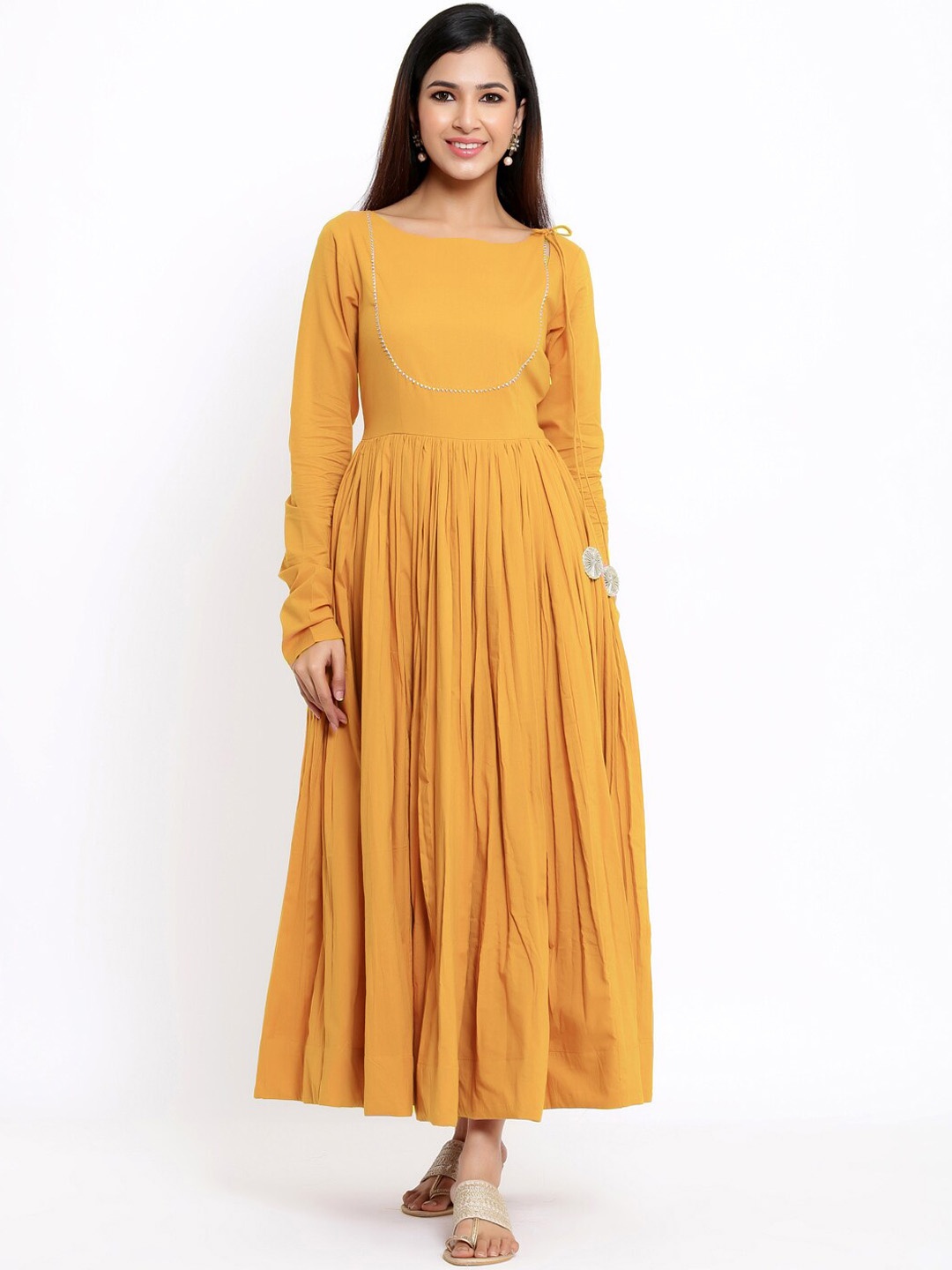 

Indian Virasat Flared Cotton Ethnic Maxi Dress, Mustard