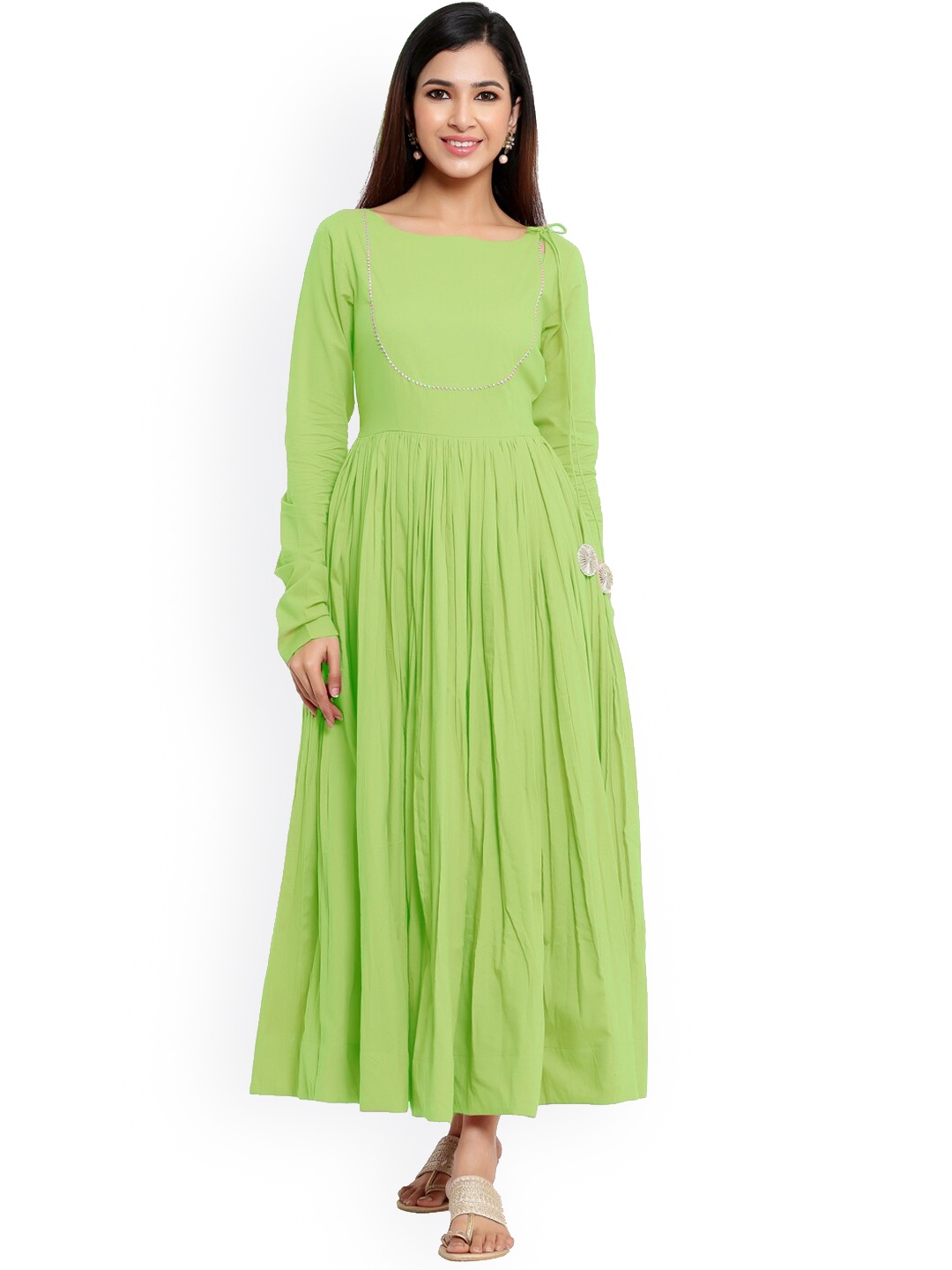 

Indian Virasat Flared Cotton Ethnic Maxi Dress, Green