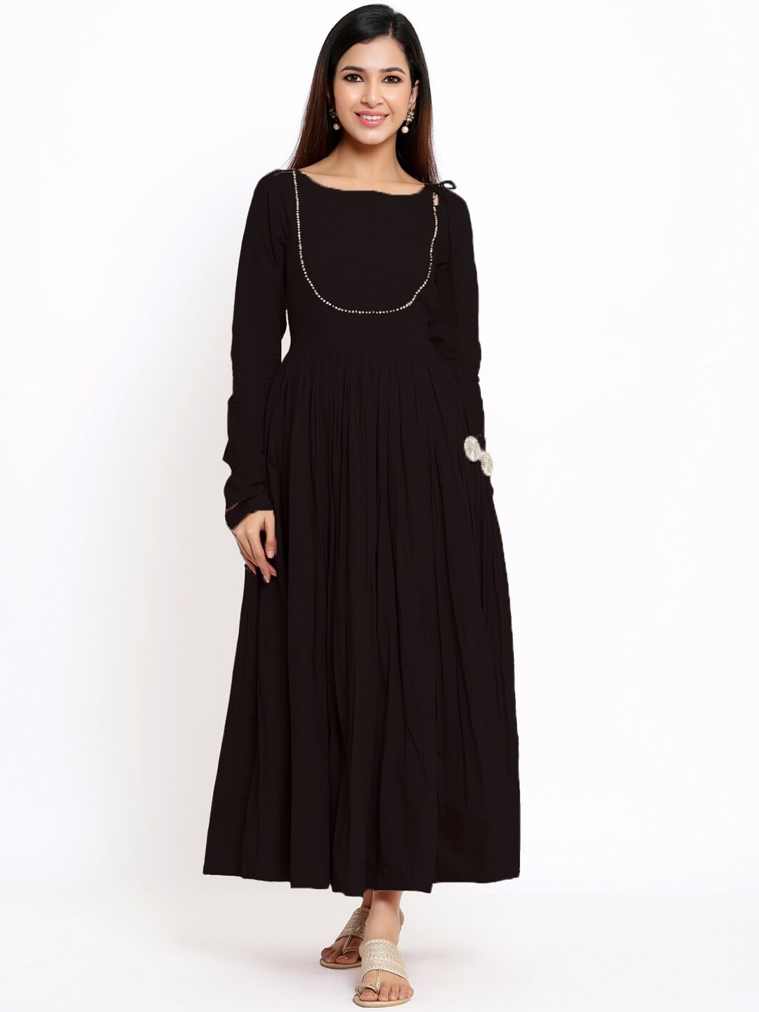 

Indian Virasat Long Sleeves Flared Maxi Dress, Black
