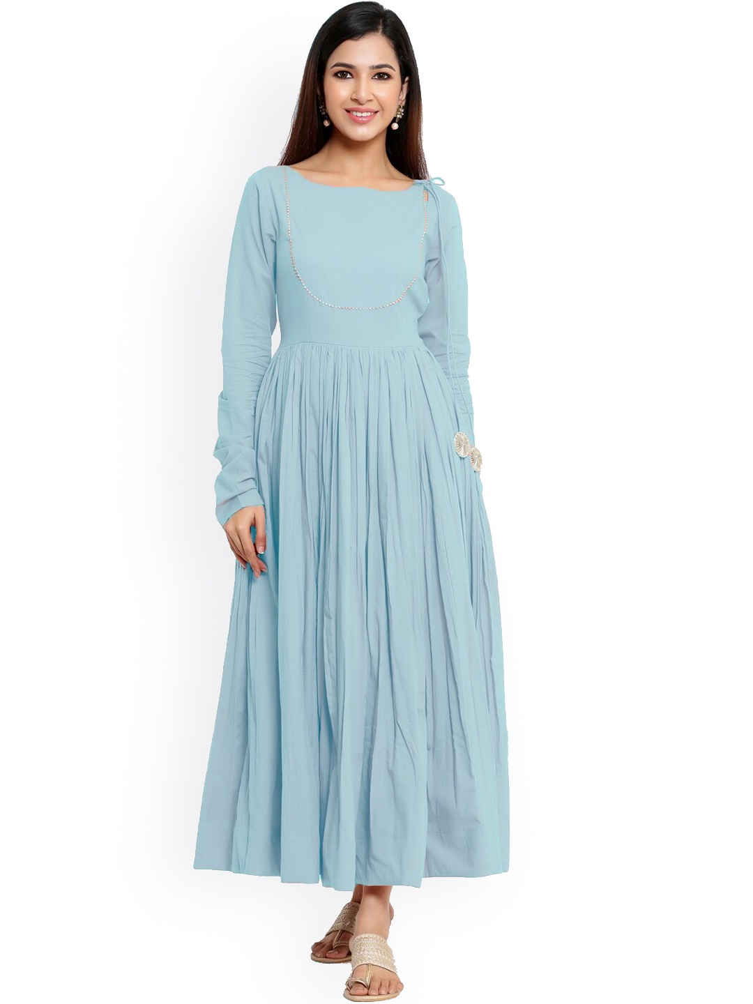 

Indian Virasat Flared Cotton Ethnic Maxi Dress, Turquoise blue