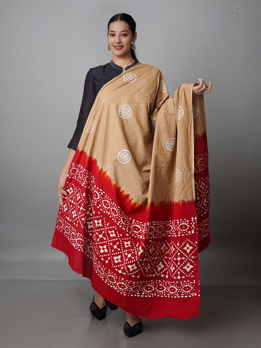 

Unnati Silks Ethnic Motifs Printed Pure Cotton Batik Dupatta, Beige