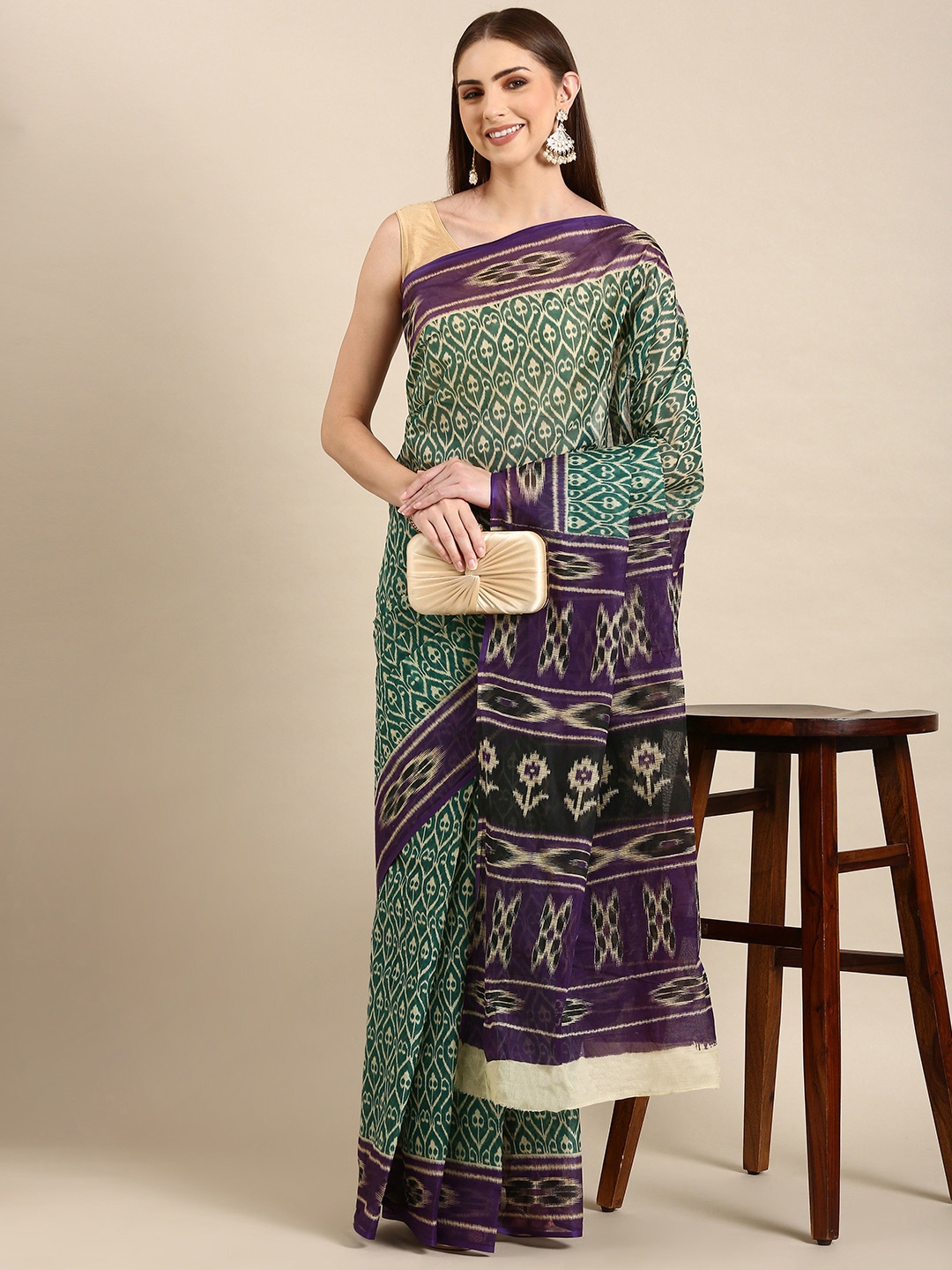 

SHANVIKA Ikat Pure Cotton Block Print Saree, Green