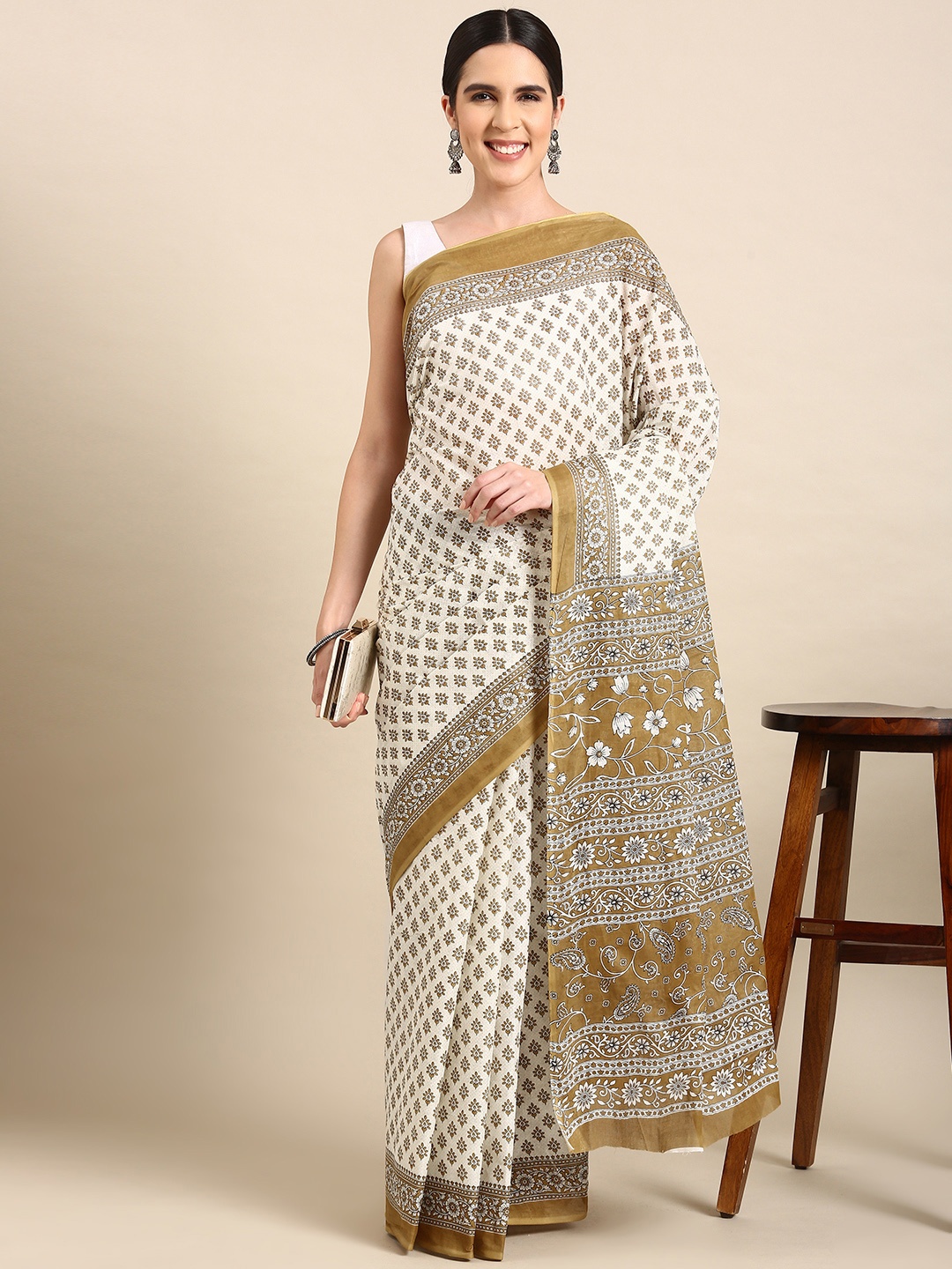 

SHANVIKA Ethnic Motifs Print Pure Cotton Saree, Beige