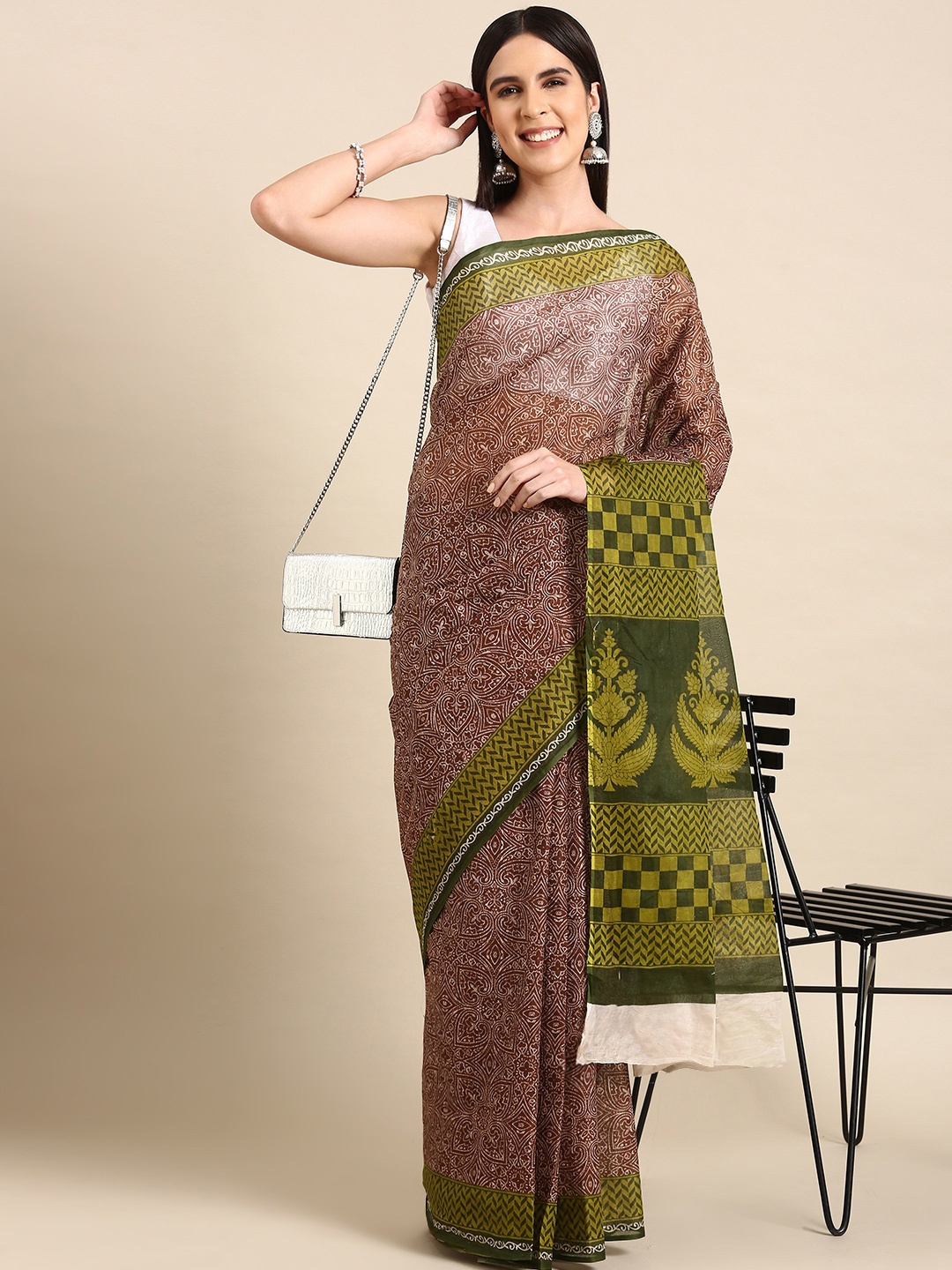 

SHANVIKA Ethnic Motifs Print Pure Cotton Saree, Brown