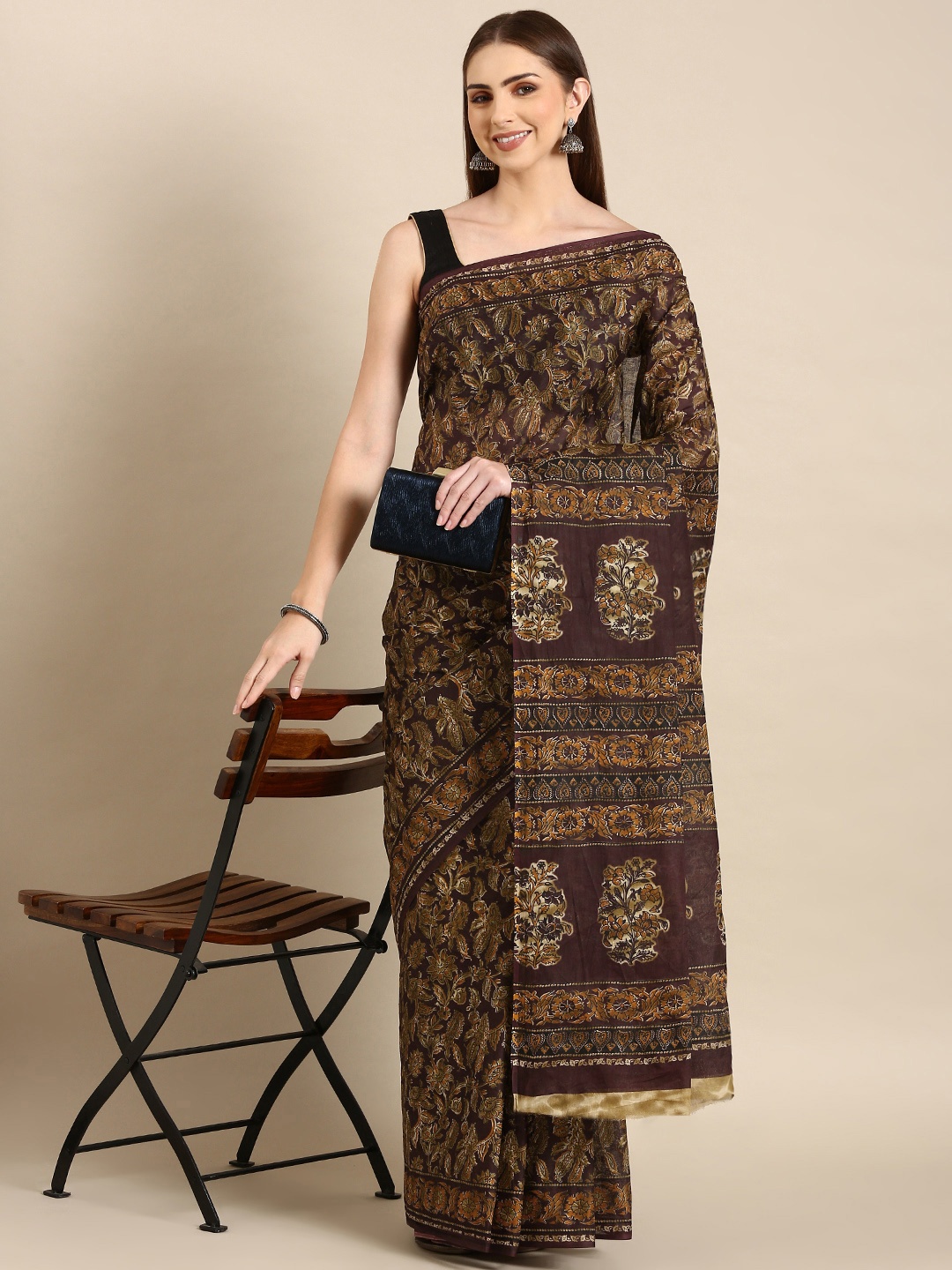 

SHANVIKA Kalamkari Printed Pure Cotton Saree, Brown