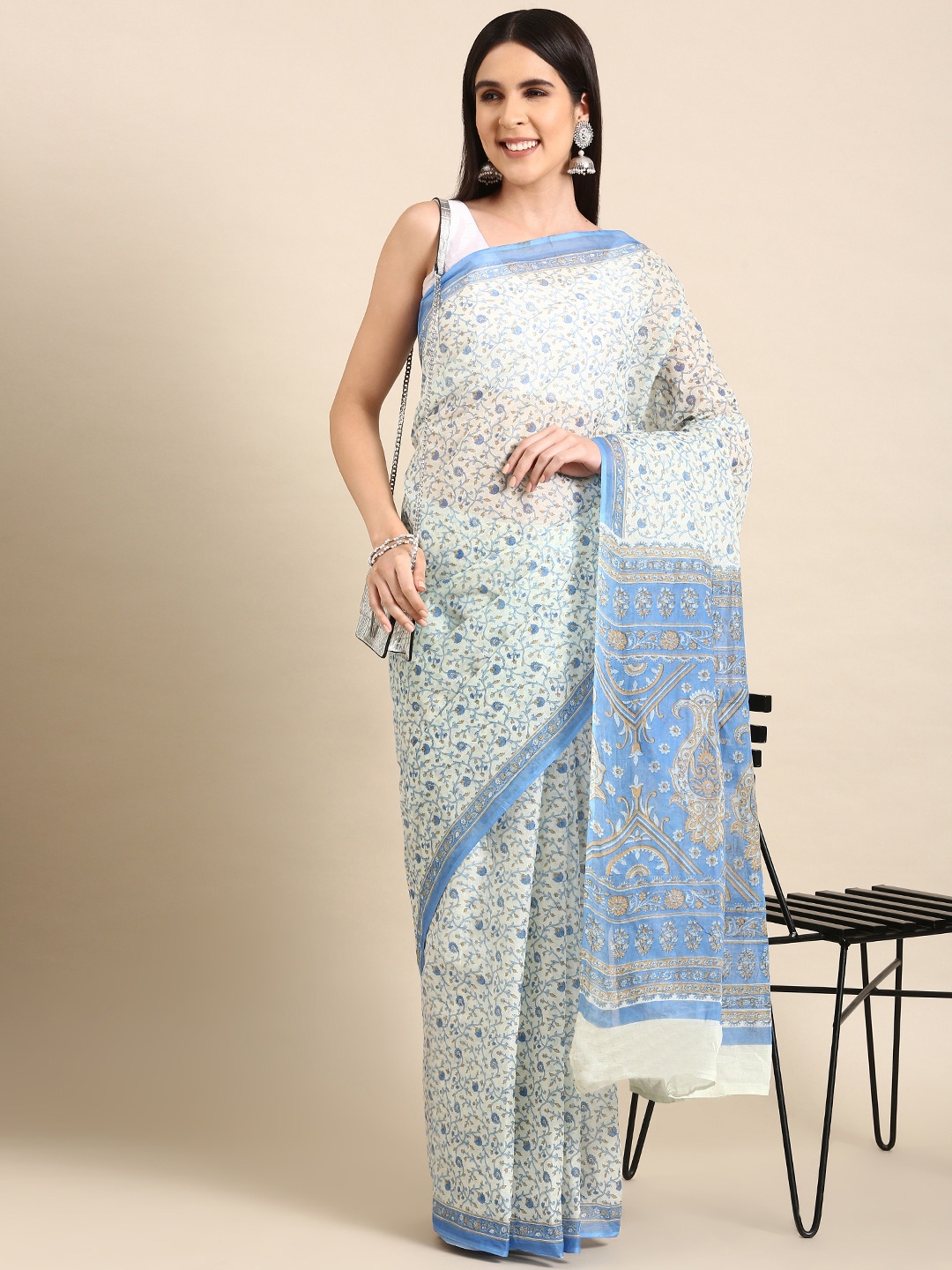 

SHANVIKA Floral Printed Pure Cotton Saree, White